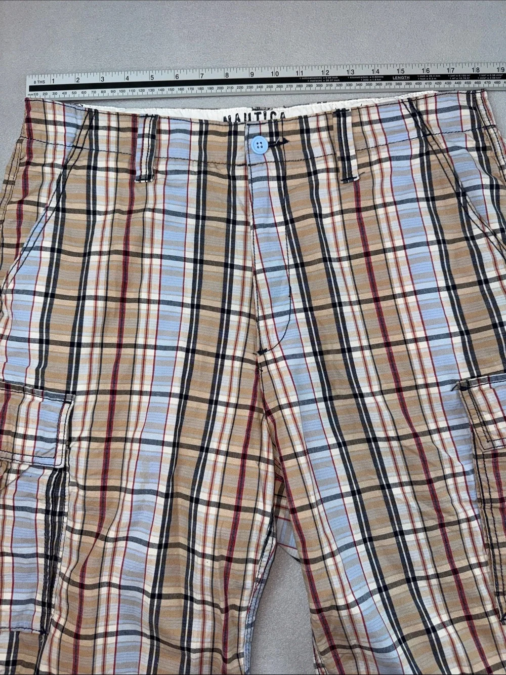 Nautica Tan and Blue Plaid Cargo Shorts Size 36